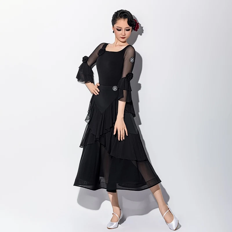 2025 Ballroom Dance Performance Costumes Women Mesh Top Big Swing Fishbone Skirt Modern Dance Waltz Competition Wear DN21431
