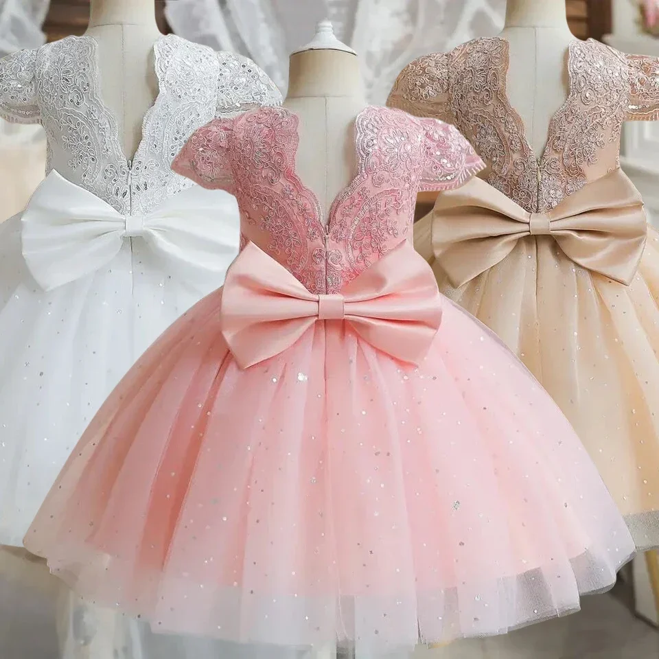 Toddler Girls 1st Birthday Party Dresses Cute Bow Kids Princess Lace Tulle Short Dress Flower Girls Dresses for Wedding 1-5 Year