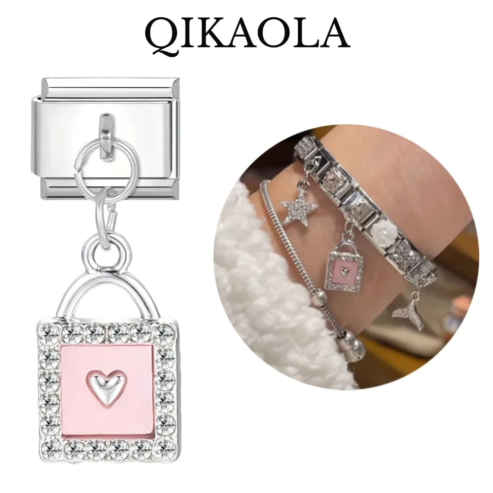 1pc Sparkling Pink Padlock Love Heart Italian Charms Fit 9mm Stainless Steel Bracelet Diy Jewelry Making Holiday Gift For Women