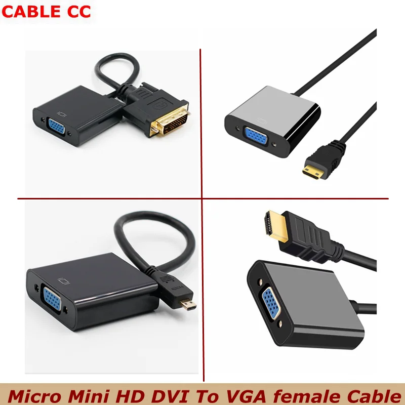 For PC HDTV Projectors or Tablet Displays DVI 24+1 Micro Mini HDMI compatible to VGA Converter Cable 1080P, With Powered Audio，