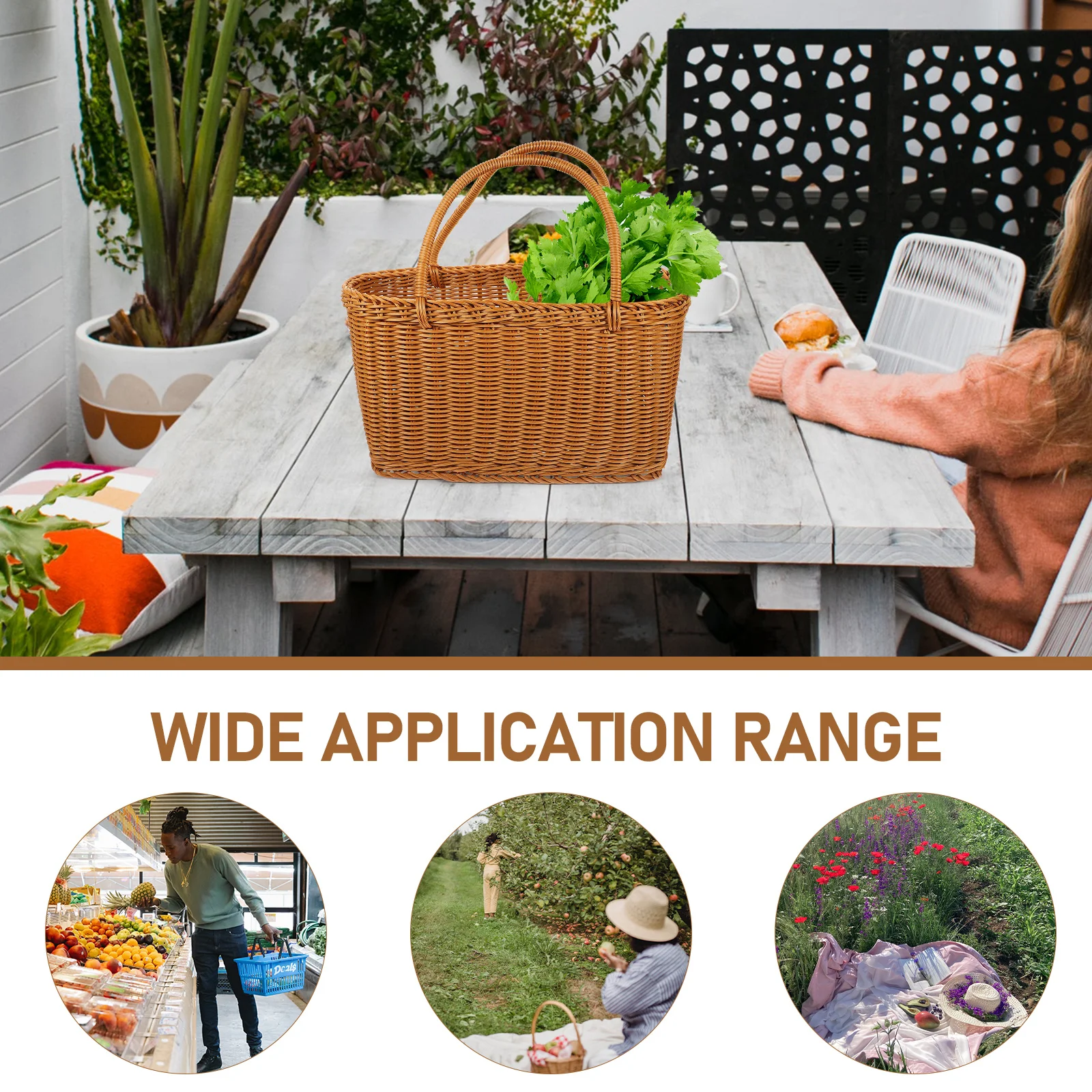 

1Pcs Shopping Basket Rattan Storage Basket Portable Organizer Picnic Food Container Home Outdoor Decoration