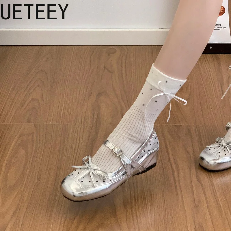 Mesh Breathable Women Mary Jane Shoes Designer Internal Elevation Shoes Ladies Eelgant Butterfly-knot Dress Leather Shoes
