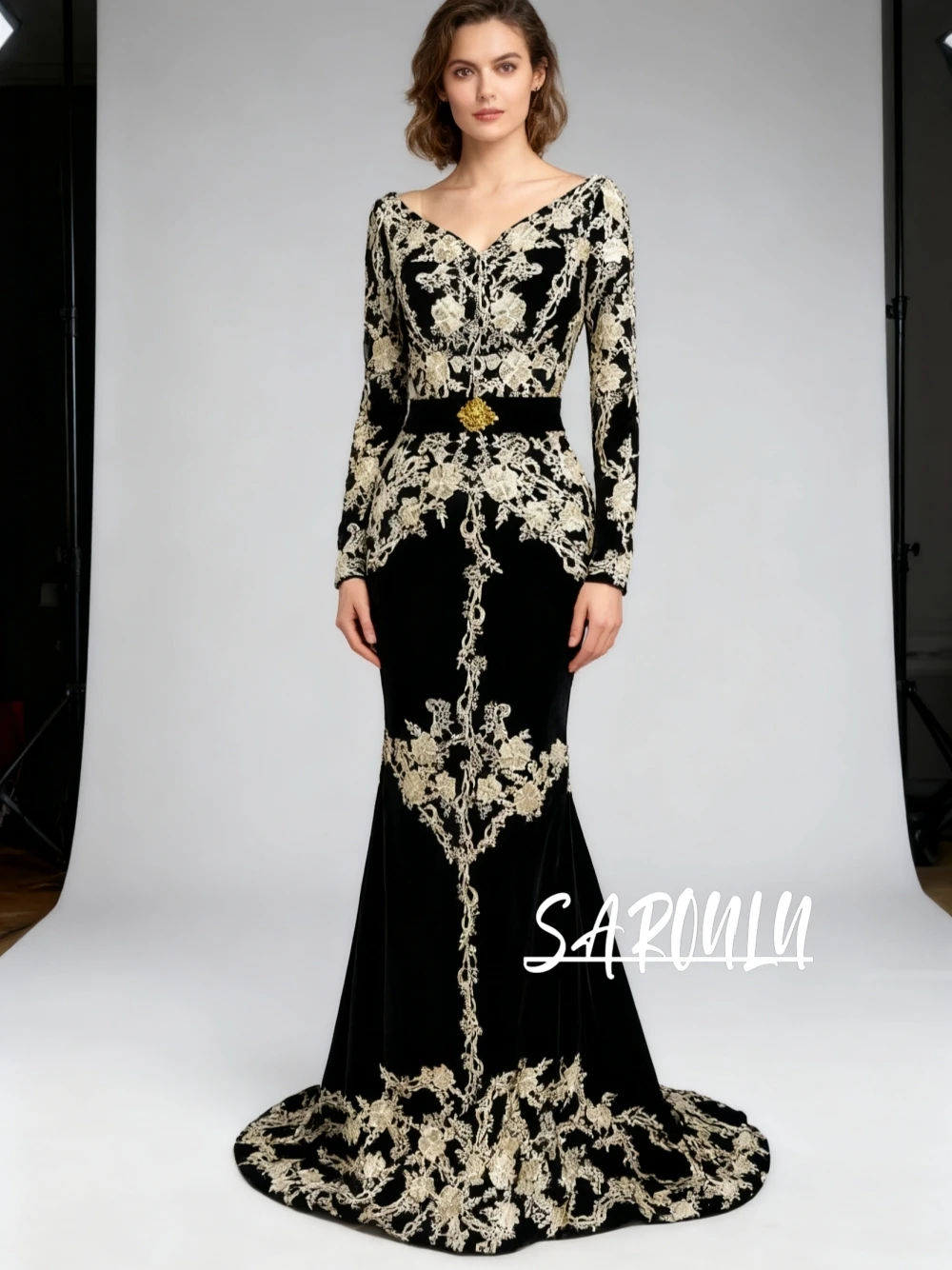 

Charming Mermaid Caftan Evening Dress Arabic Long Sleeve Velvet Lace Applique Sexy Prom Karakou Zipper Formal Party Customized