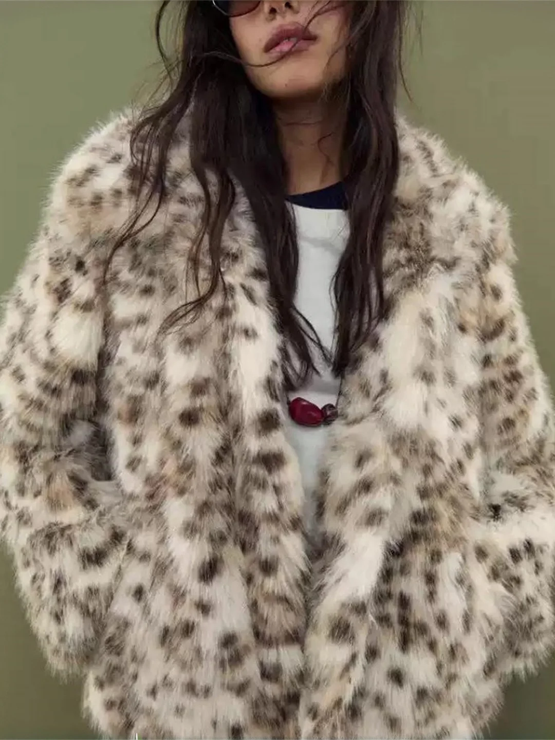 فضفاضة تناسب طويلة Sve فو الفراء طوق Jaet المرأة عادية Sle الخريف الشتاء جديد وصول ملابس خارجية معطف ليوبارد نمط