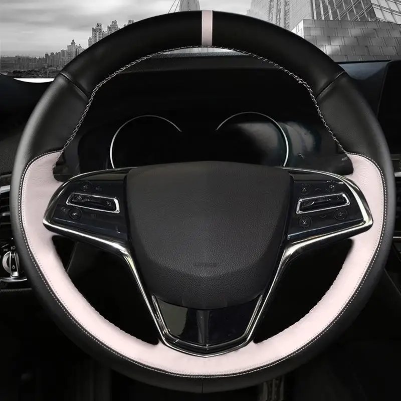 

For Cadillac ATSL XTS CT6 XT5 XT4 Hand Stitched Black white Genuine Leather non-slip Car Steering Wheel Cover