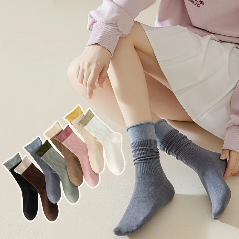 

304 Autumn/Winter Women's Short And Medium Trendy Socks With Curled Solid Color 5A Antibacterial Pure Cotton Middle Tube Socks