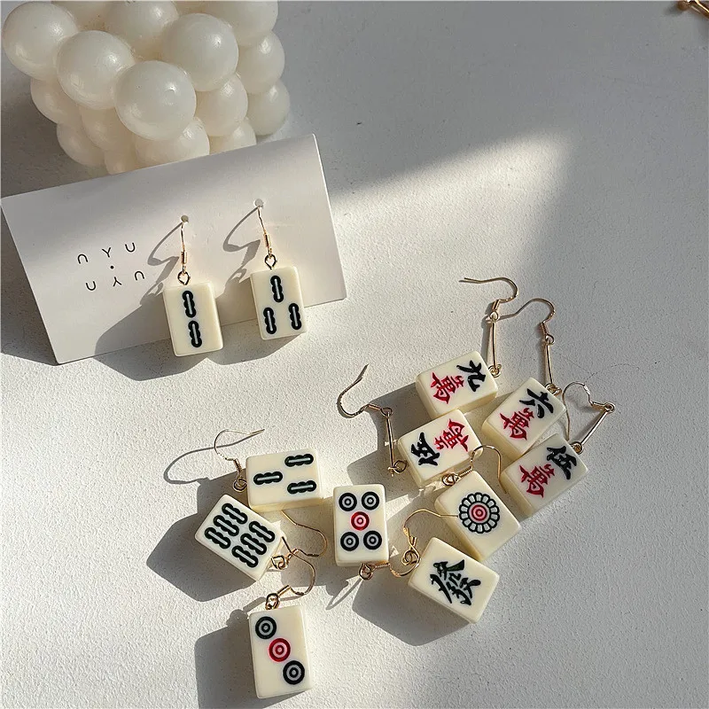 Chinese Style Fun Mahjong Creative Earrings for Egirl 2022 Fortune Red Middle Vintage Aesthetic Earring Ear Clips Y2K Jewelry