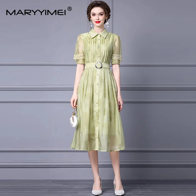 

MARYYIMEI Solid Short sleeve Fashion Dress For Women Turn-Down Collar Single-Breasted Lace-Up Basic Commuter Style Elegant Dress
