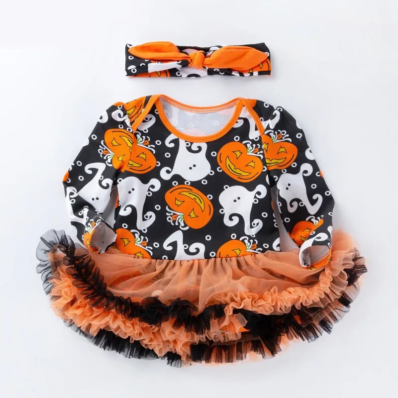 Halloween Children's Clothing Baby Autumn and Winter Cartoon One-piece Dress Pumpkin Long-sleeved Romper Dress Two-piece Set