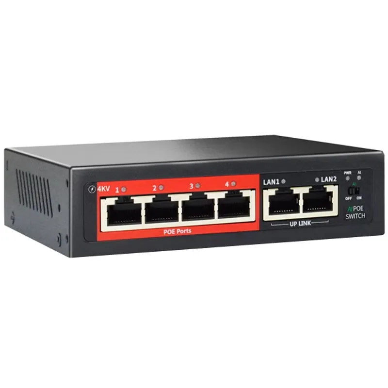 4‑Port POE Switch VLAN Stackable Fiber AI Watchdog 4KV Surge Protection Ethernet Switch For IP Camera CCTV Surveillance