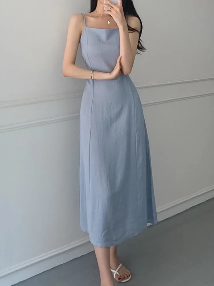 

Summer Women's Cotton and Linen Slim Fit Dress Lace Up Camisole SkirtSimple Elegance Belted Waist Slimming High Waist Midi Dress