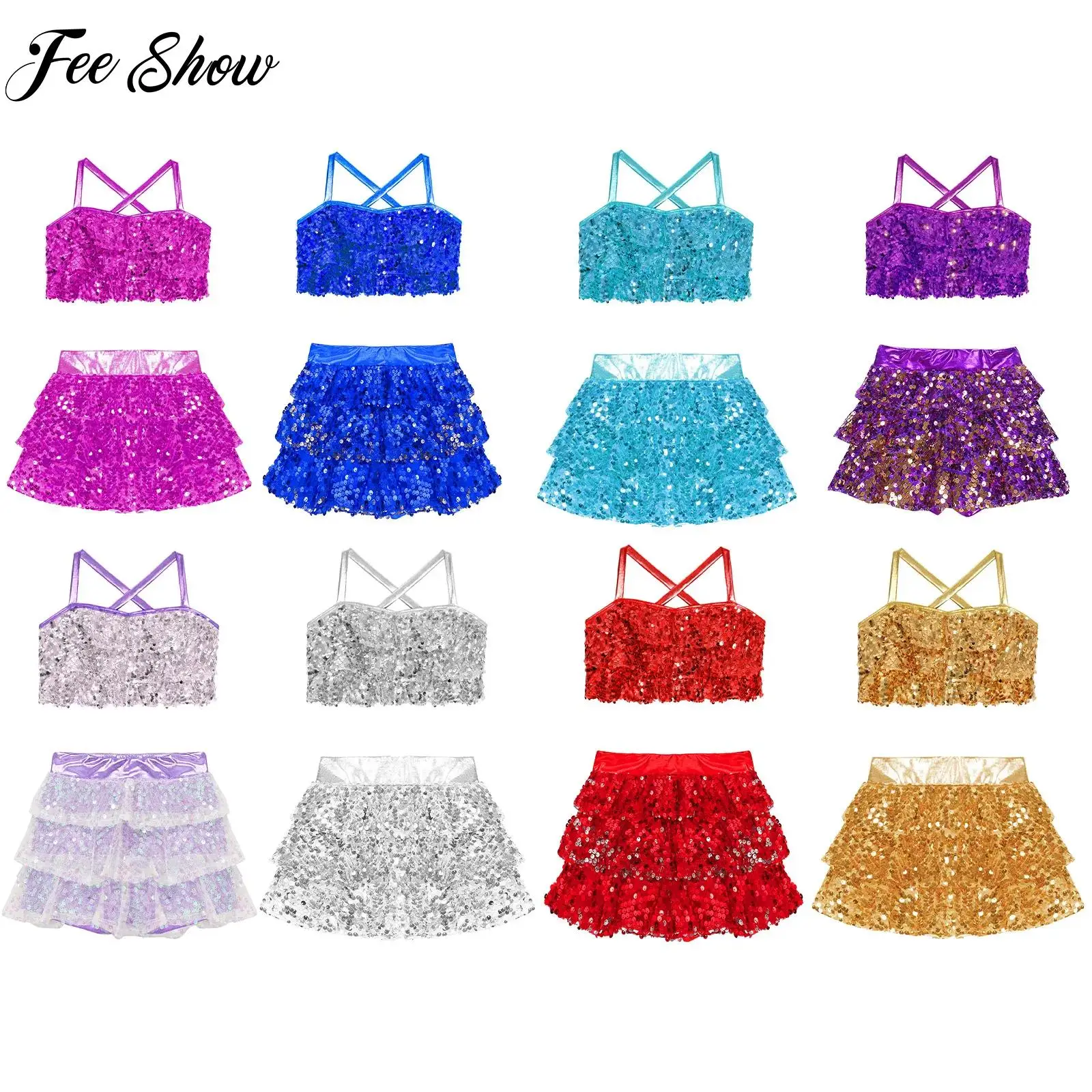 

Children Girls Jazz Latin Dance Performance Costume Sequins Crop Top with Skirted Shorts Set for Skating Ballet Dance Gymnastics