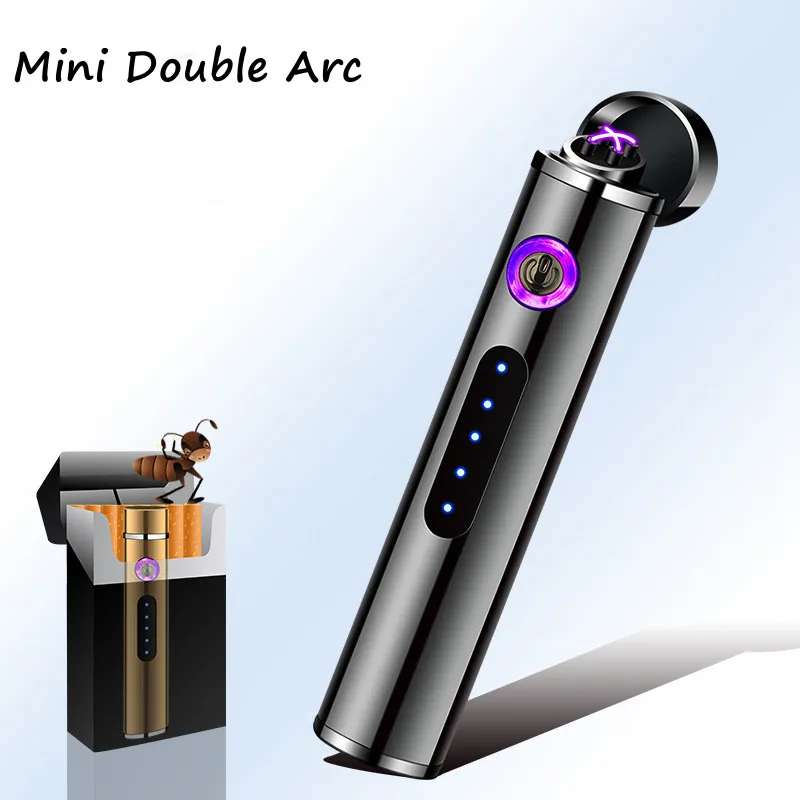 Mini Cylindrical Cross Dual Arc USB Lighter Touch Sensing Portable Outdoor Windproof Plasma Pulse Flameless Metal Lighter Tools