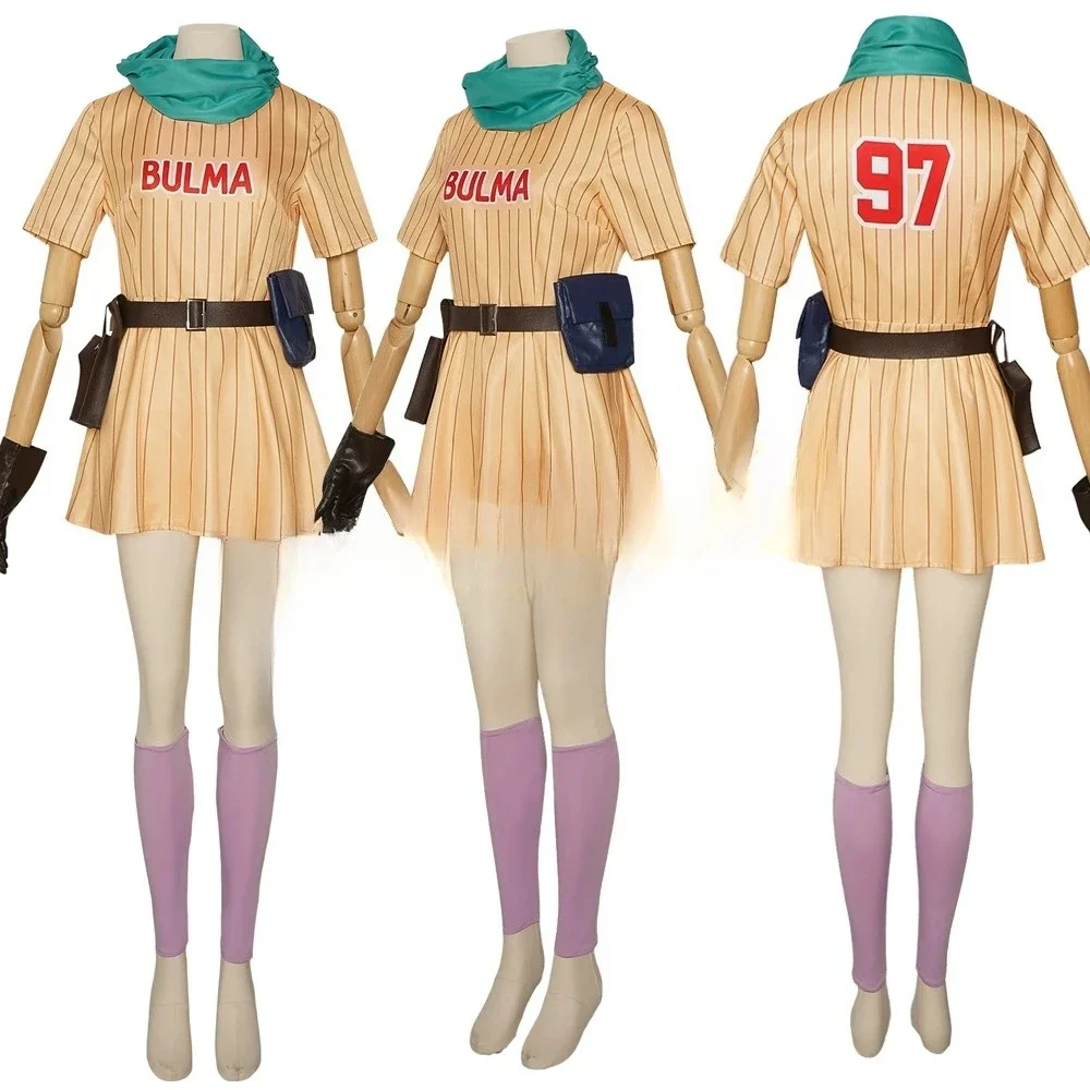 7 piezas: disfraz de Bulma para cosplay, vestido amarillo de anime, ideal para juegos de rol, con peluca larga verde, para Halloween, carnavales y fiestas, atuendo para mujer.