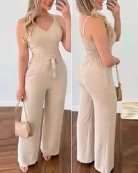 Women's Casual Summer Two-Piece Solid Color V-Neck Elastic Vest Top and High Waisted Pocket Tied Wide Leg Commuting Pants Set