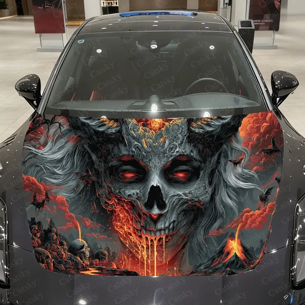 

Blazing Fiery-Eyed Skeletal Succubus Car Vinyl Wrap, PVC Material Waterproof Car Hood Sticker, Self-Adhesive Scratch-Resistant S