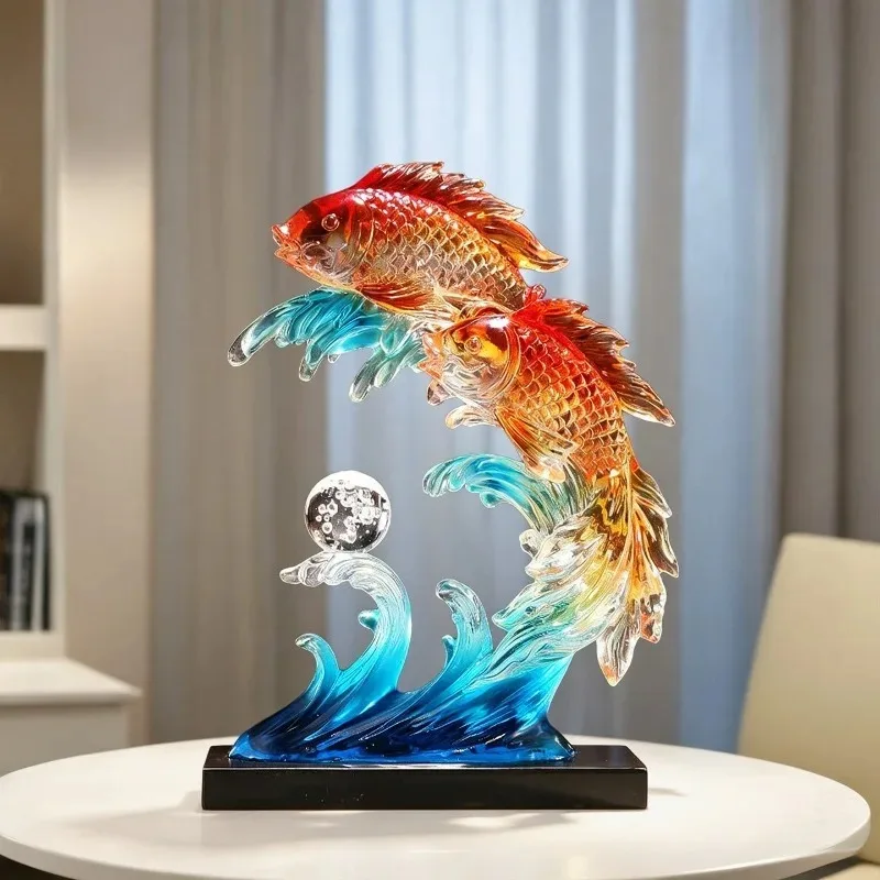 Colorful Double Goldfish Wave Ornament Transparent Resin Living Room Entrance Wine Cabinet Office Desktop Art Decoration Gift