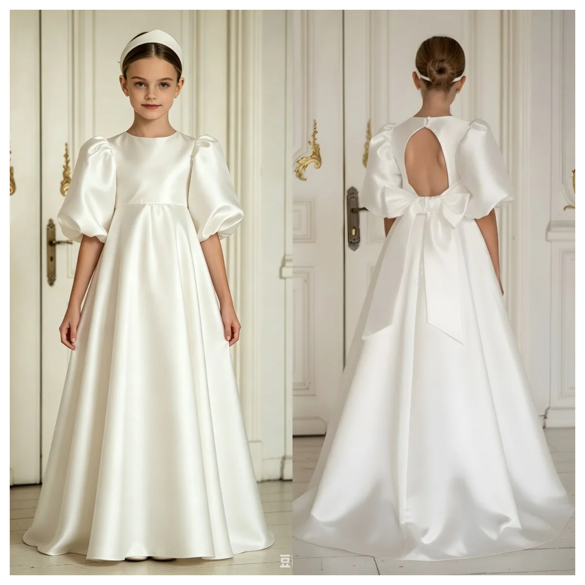 White Satin Flower Girl Dress Elegant Puff Sleeve Round Neck Hollow Backless Floor Length Wedding Dress Girls First Communion
