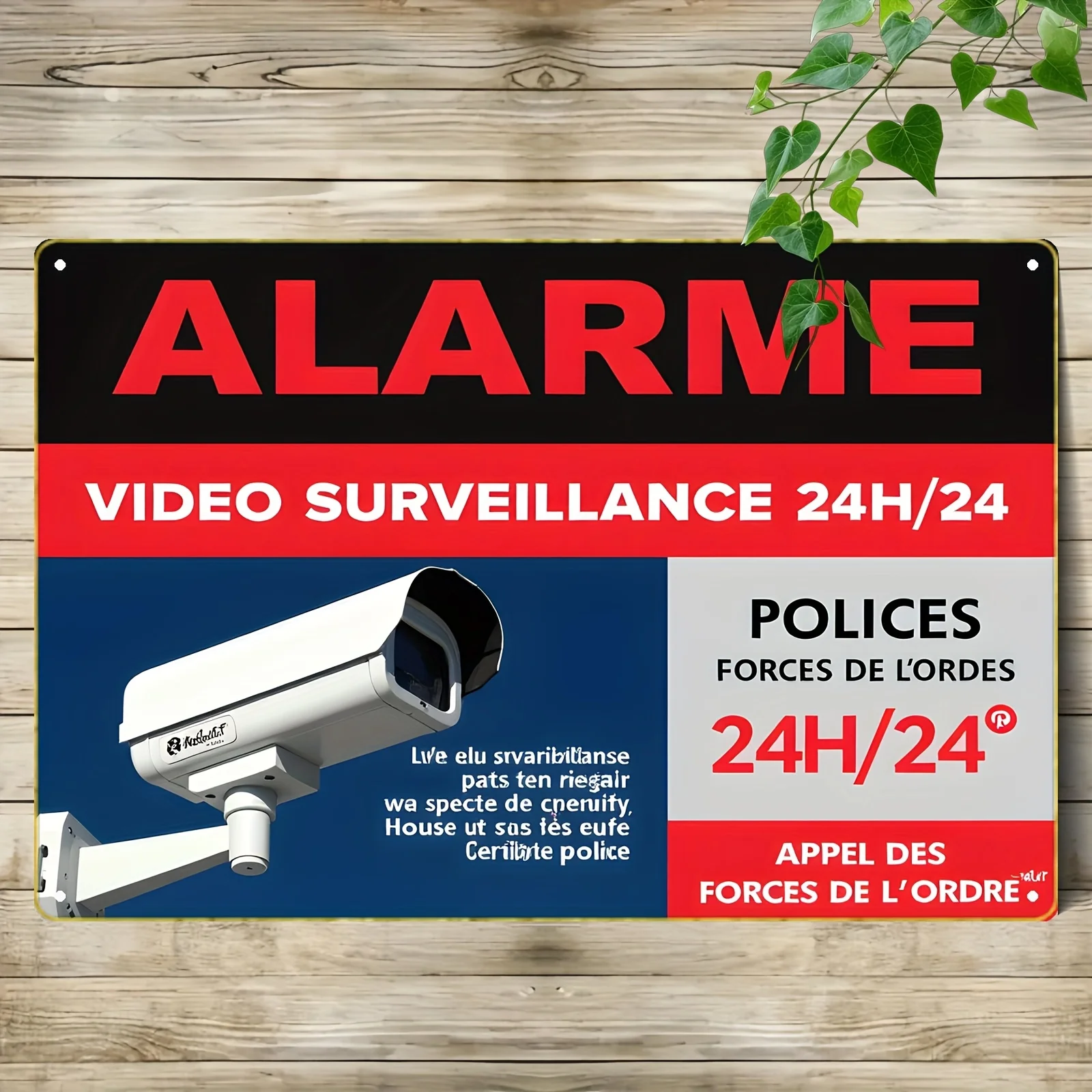 Señal de alarma de videovigilancia 24/7 con certificación policial, placa de seguridad tradicional de hierro montada en la pared