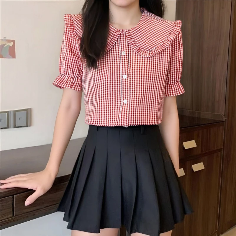 Japanese Kawaii Lolita Shirt Women Sweet Peter Pan Collar Plaid Puff Sleeve Loose Blouse Soft Summer New Girls Casual Basic Tops