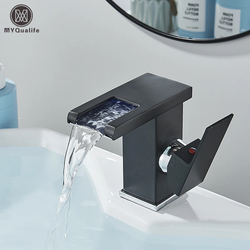 Black LED Waterfall Basin Bathroom Faucet Deck Mounted Hot Cold Water Mixer Taps Three Color Change By Water Flow