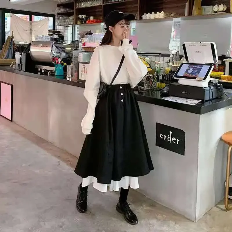 

Korean Half Length Skirt Women's 2021 Spring Autumn High Waist Retro Short Skirt Academy Style Black and White A-line Long Skirt