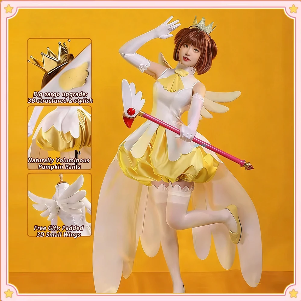 

Sakura Cosplay Costume Yellow Lolita Skirt Combat Uniform Wing Wig Kawaii Outfit For Women Anime Cosplay Daily Party Role Play