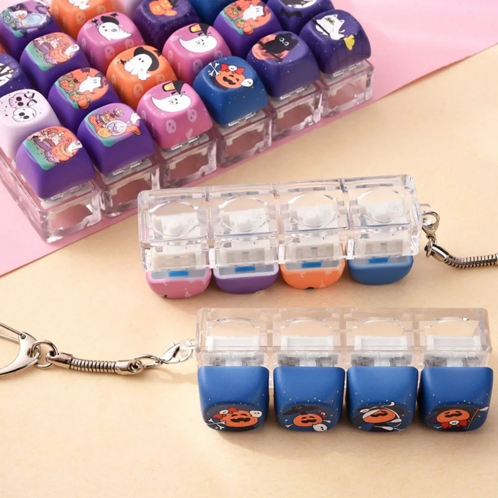 Plastic Keyboard Fidget Keychain Light Up Halloween Theme Light Up Keychain Cartoon Pattern Keyring Attachment Fidget Keyring