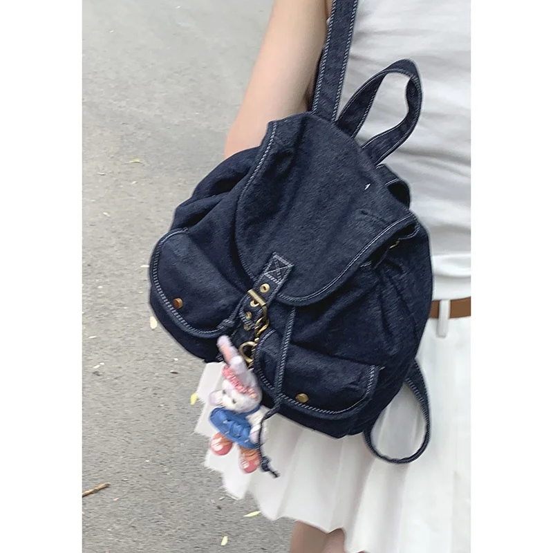 

Trendy Large Capacity Denim Backpack Women's Casual Versatile Double Shoulder Bag Soft Handle Commuter Style Non Waterproof
