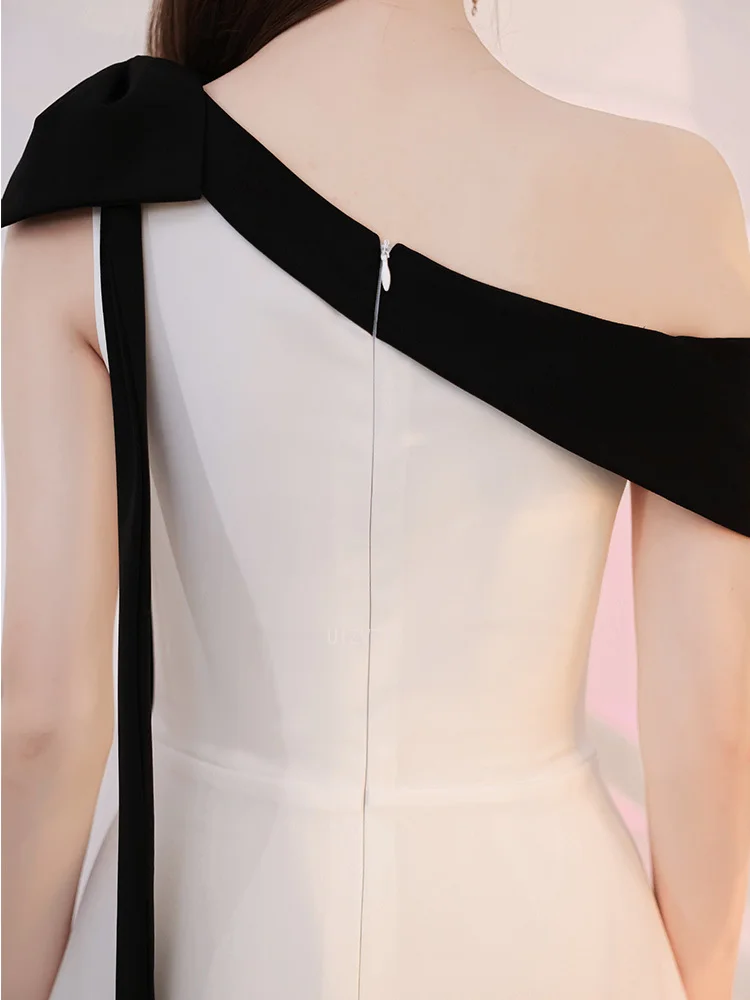Abito da sera elegante personalizzato da donna Bianco semplice in raso con una spalla Nastri con fiocco Abiti da festa di laurea di compleanno a-line di lusso