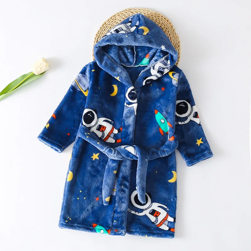 Kids Cartoon astronaut Robes Winter Baby Girl Bathrobe Sleepwear Robe For Children Flannel Hooded Pajamas Boys Homewear Clothing