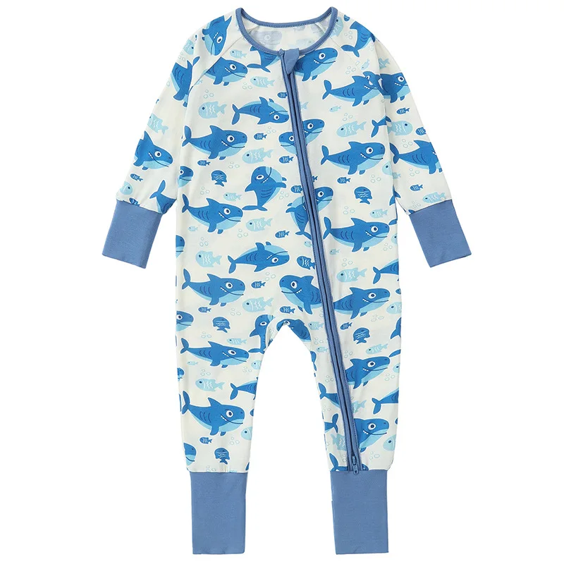 Bamboo Fiber Newborn Baby Pajamas Cute Cartoon Print Diagonal Zipper Onesie Long Sleeve Footie Rompers Soft & Cozy Toddler Pjs