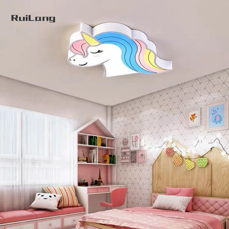 Led Unicorn Ceiling Light For Kids Baby Room Decor Cartoon Rainbow Horse Cute Pink Chandelier Children Girl Bedroom Ceiling Lamp