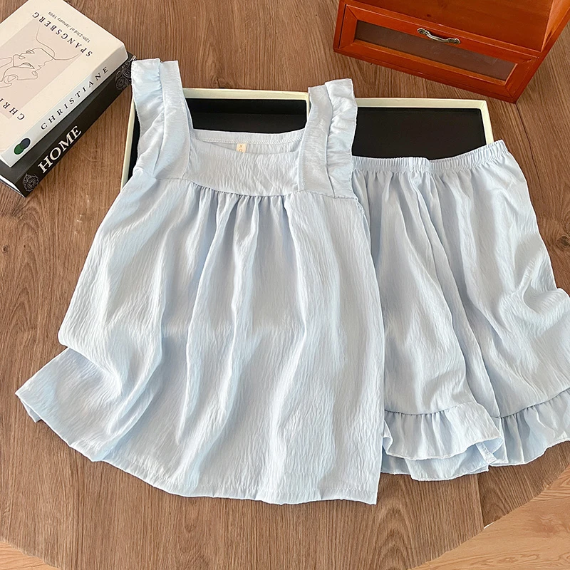 Blue pajamas for women, summer two-piece set with short sleeves and shorts, sleeveless loungewear suitable for wearing outside