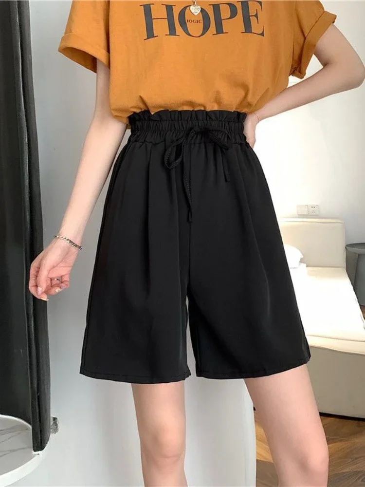 Solid Shorts Voor Vrouwen Hoge Taille Koreaanse Mode Trekkoord Wijde Pijpen Shorts Casual Straight Zomer Korte Broek Kleding Q162