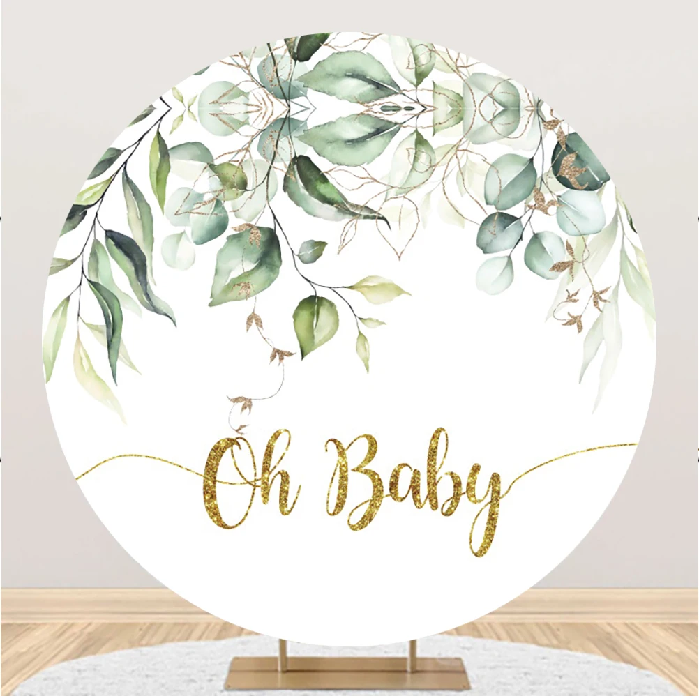 

Laeacco Green Leaves Gold Dots Baby Shower Round Backdrop Cover Kids Girls Birthday Portrait Customized Photography Background