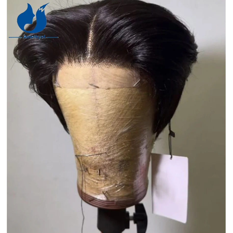 Amethyst Natural Wave Black 13X6 Short Wig Pixie Cut Lace Front Human Hair Brazlian Remy Hair Middle Part for Men Prestyled
