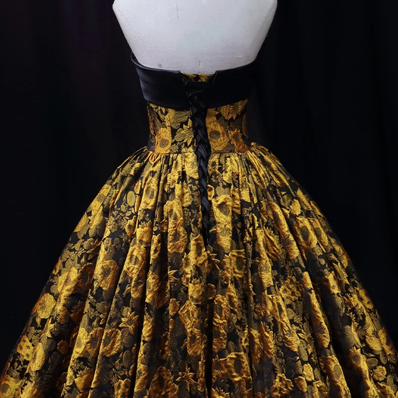 Vestido de noite dourado floral cetim sem alças sem mangas plissado bola vestidos até o chão mais tamanho rendas até vestidos de festa femininos b2167