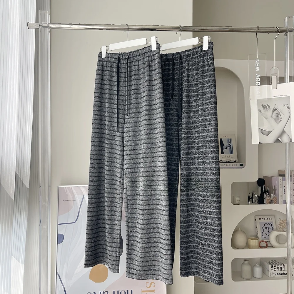Slimming Wide Leg Pants Korean Sle Commute Knitted Trousers Dstring Elastic Waist Long Pants Faionable Stripes