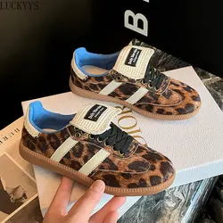 Luxury Leopard Print Womens Lace-up Color Blocked Flat Casual Shoes PU Leather Vulcanized Shoes for Women Flip Sneakers