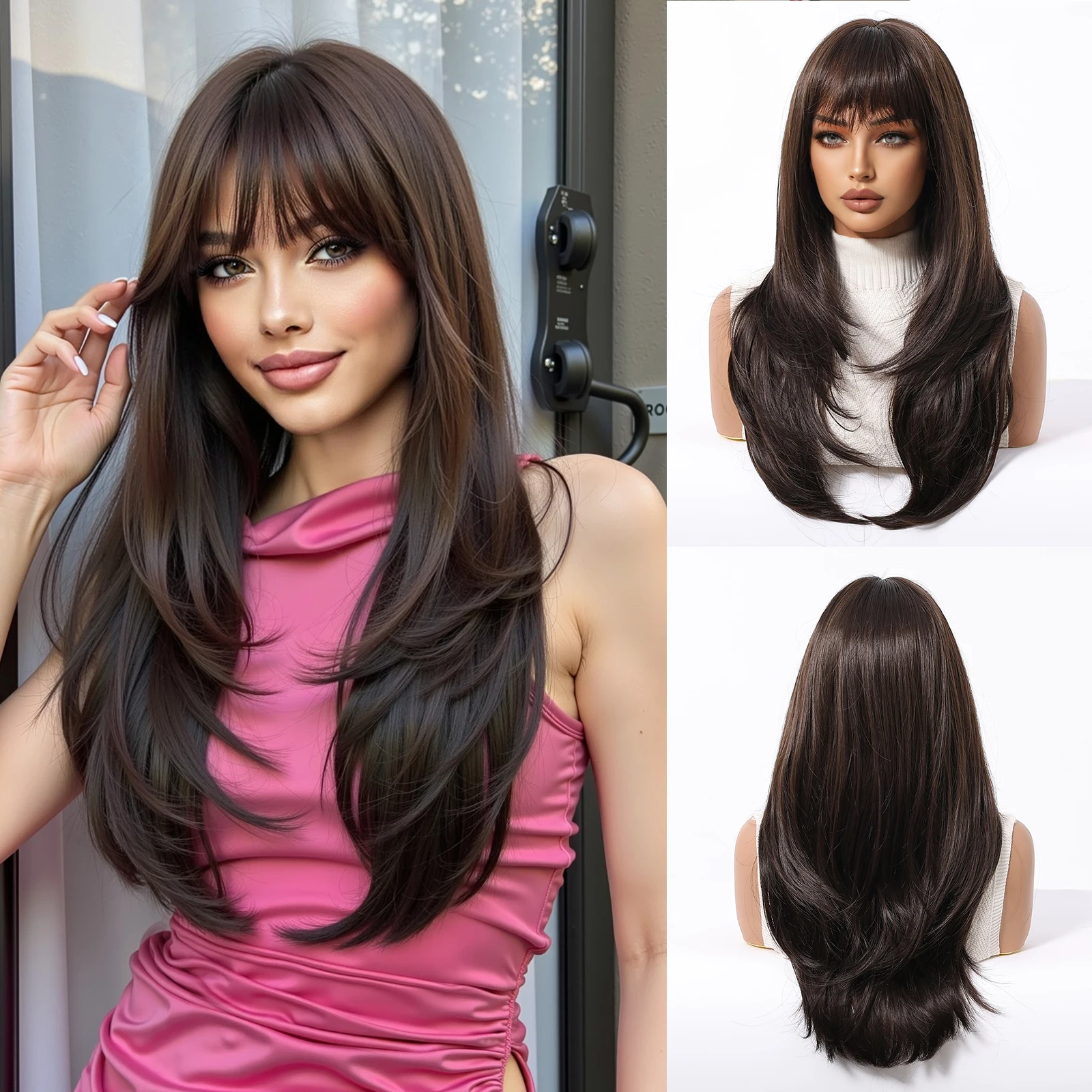 EASIHAIR Lange blonde synthetische Perücken für Frauen, gerade, geschichtete Naturhaar-Perücken mit Pony, hitzebeständige Perücken für den täglichen Gebrauch – Detail 15