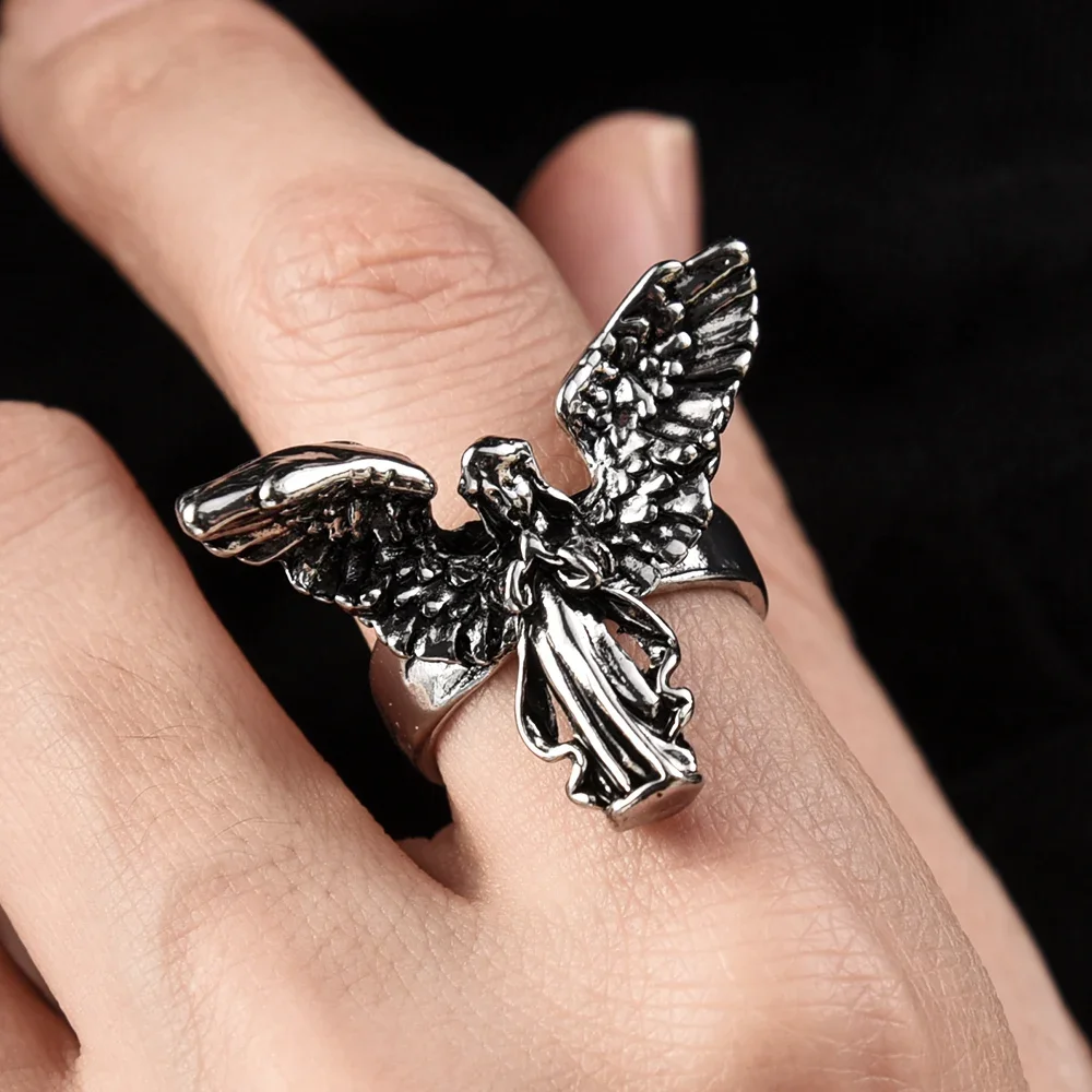 Gothic Angel Ring Vintage Religious Angel Wings Silver Opening Ring Punk Angle Metal Rings For Women Men Party Jewelry Gifts