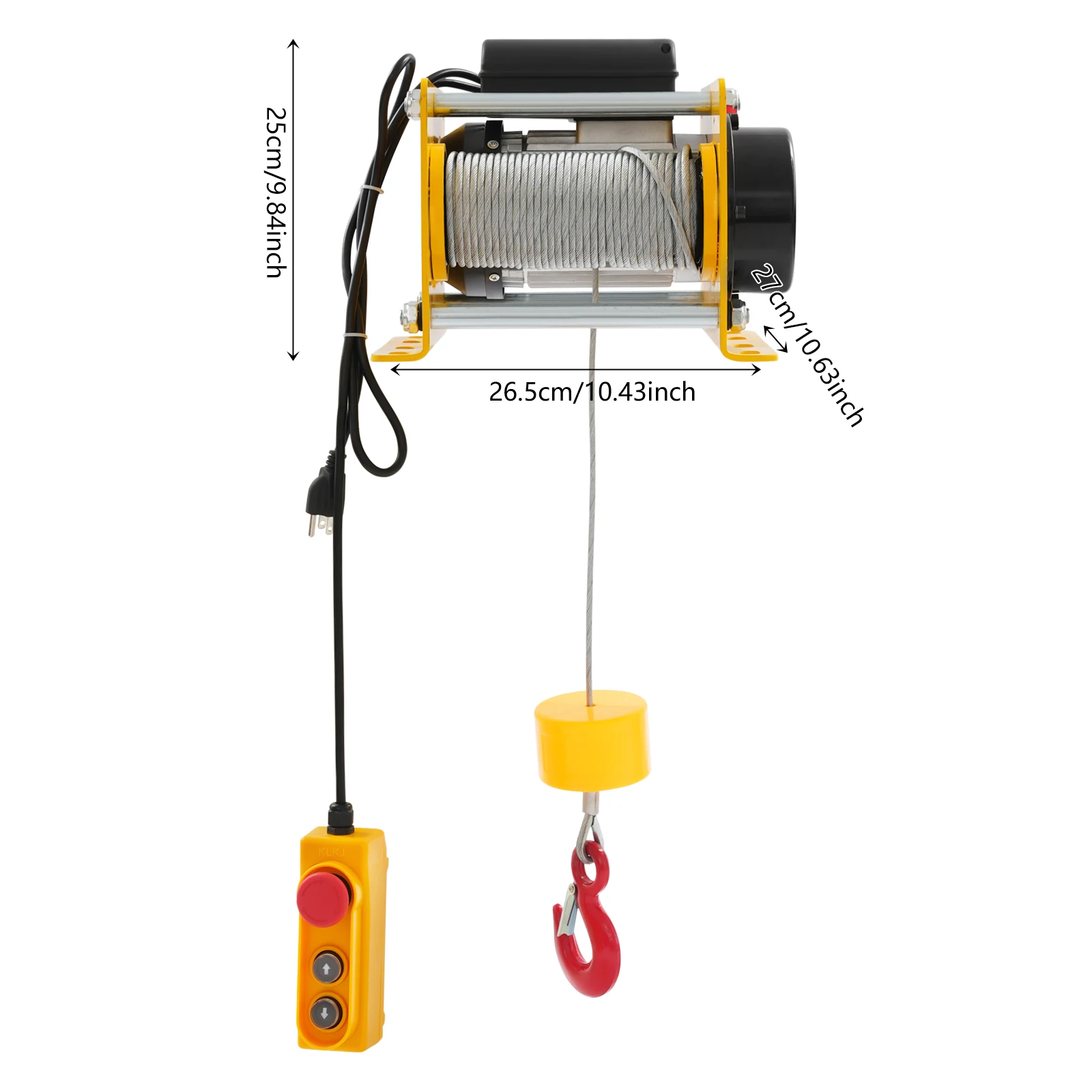 รอกไฟฟ้าสีเหลือง 110V/60Hz 400กก./881ปอนด์ พร้อมรีโมทแบบมีสาย, รอกไฟฟ้า 881 ปอนด์ พร้อมสายสลิงเหล็กยาว