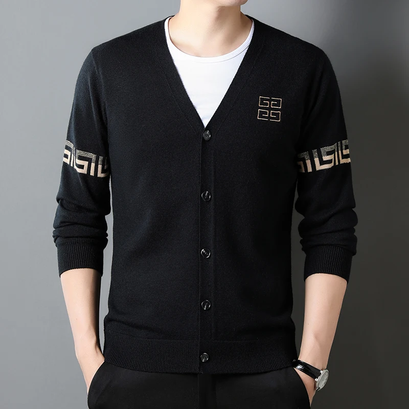 

Мужской трикотажный кардиган с вышивкой, Повседневный Кардиган с V-образным вырезом, весна-осень 2023