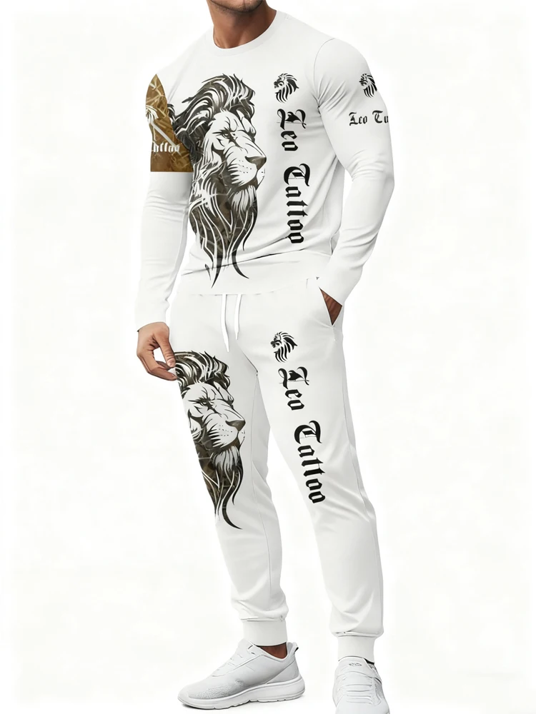 

New Men's Spring And Autumn 2-piece 3D Lion Print Sets Men's Everyday Casual Long Sleeve T-shirt And Street Fashion Long Pants