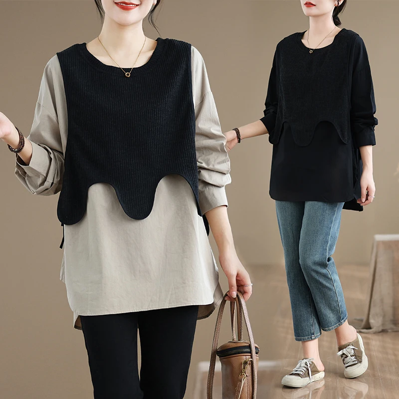 

Korean Sle round Ne Pullover Knitted Patchwork irt Women's Fake Two-Piece Loose irt Top for Autumn And Winter