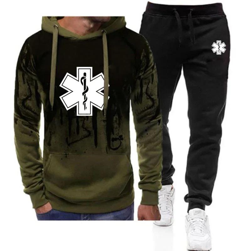 

2024 Men New EMT Paramedic Emergency Medical High Street Gradient Color Hoodies Casual Sporting Hip Hop Coats + Trousers Suits