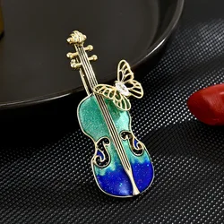 Fashion Metal Violin Brooch Exquisite Enamel Butterfly Fiddle Rhinestone Violin Pins Simulate Instrument Brooches Jewelry Gift