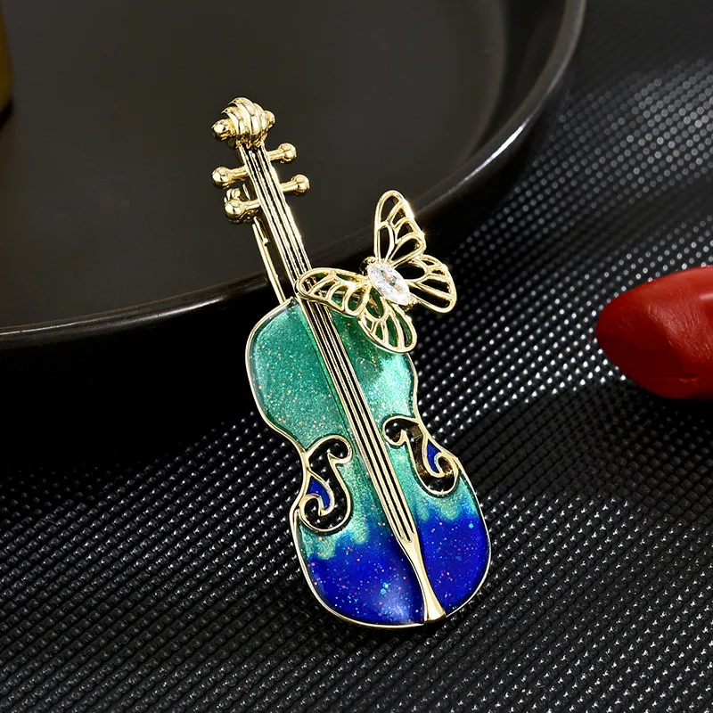 Fashion Metal Violin Brooch Exquisite Enamel Butterfly Fiddle Rhinestone Violin Pins Simulate Instrument Brooches Jewelry Gift
