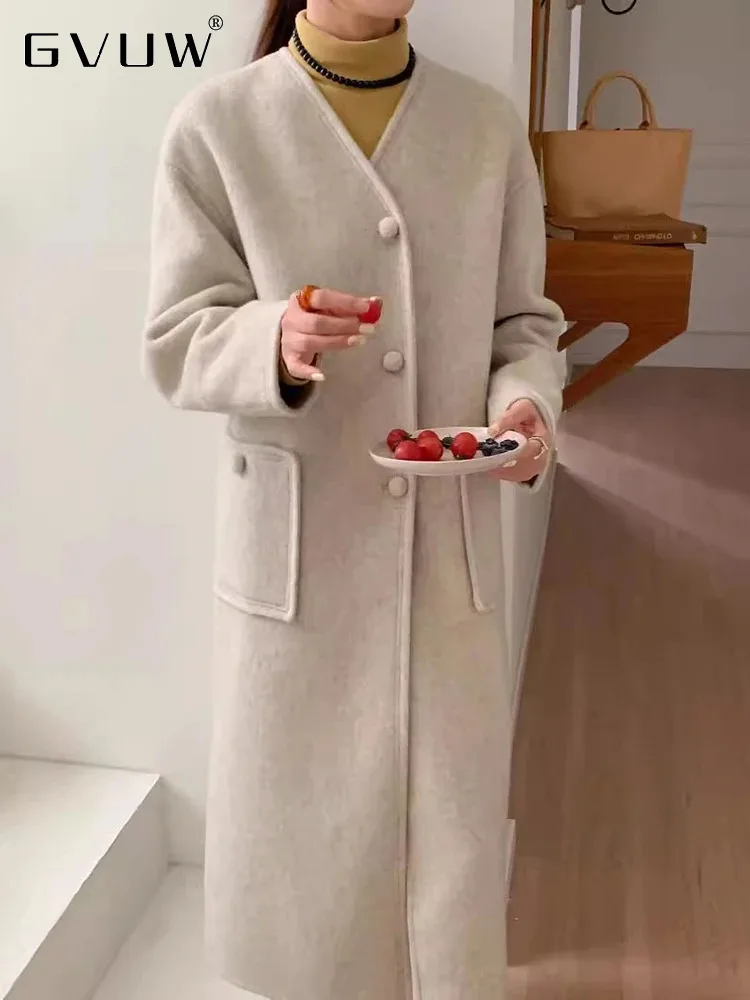 

GVUW V Neck Woolen Coat Women Full Sleeve Single Breasted Solid Color Outwear New 2024 Pockets Female Loose Coats 17G8103